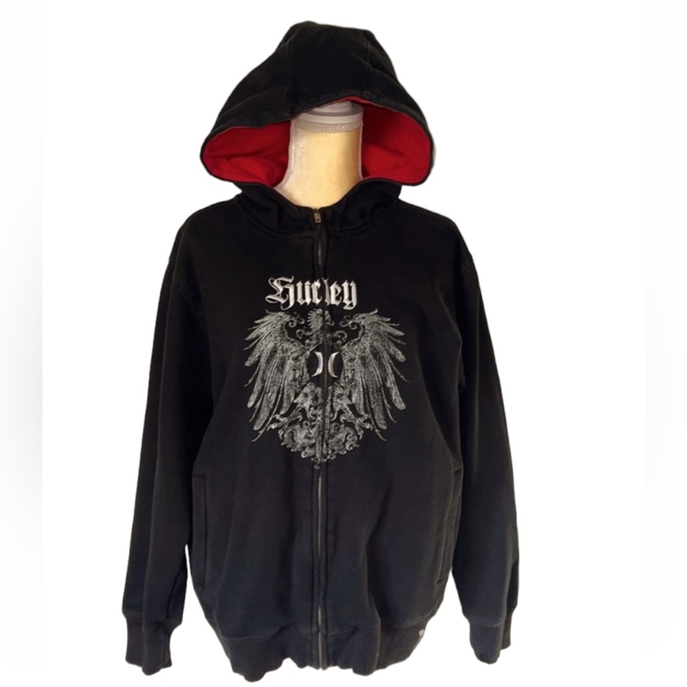 HURLEY VINTAGE HOODIE BLACK WITH READ INSIDE HOOD XL WHITE PHOENIX ZIPPER
